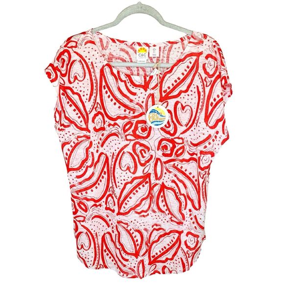 C&C California Tops - C & C California Red White Floral Linen Top Large NWT Cap Short Sleeves Shirt